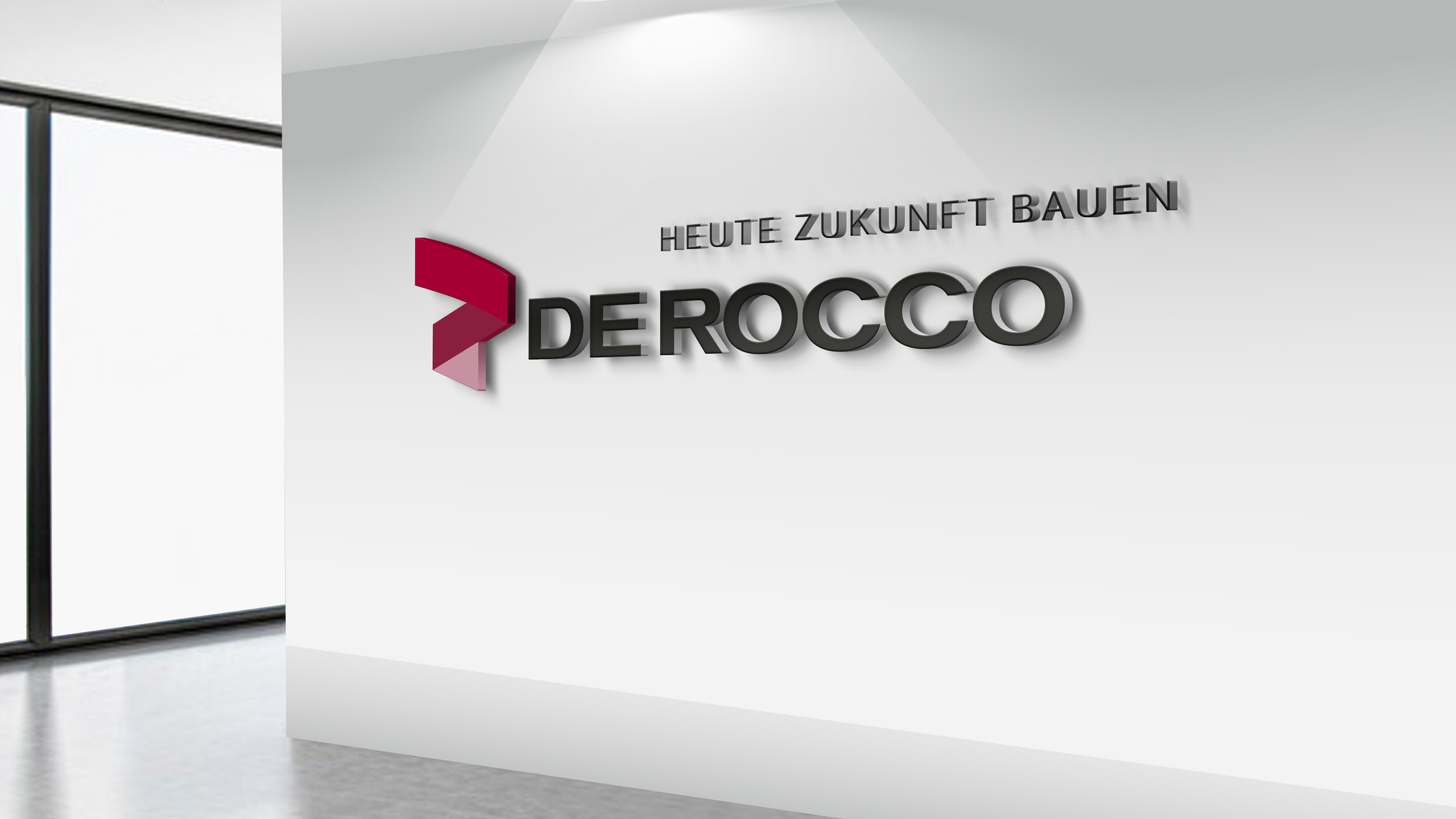 Visualisierung Eingangsbereich DeRocco mit Rauminstallation Logo