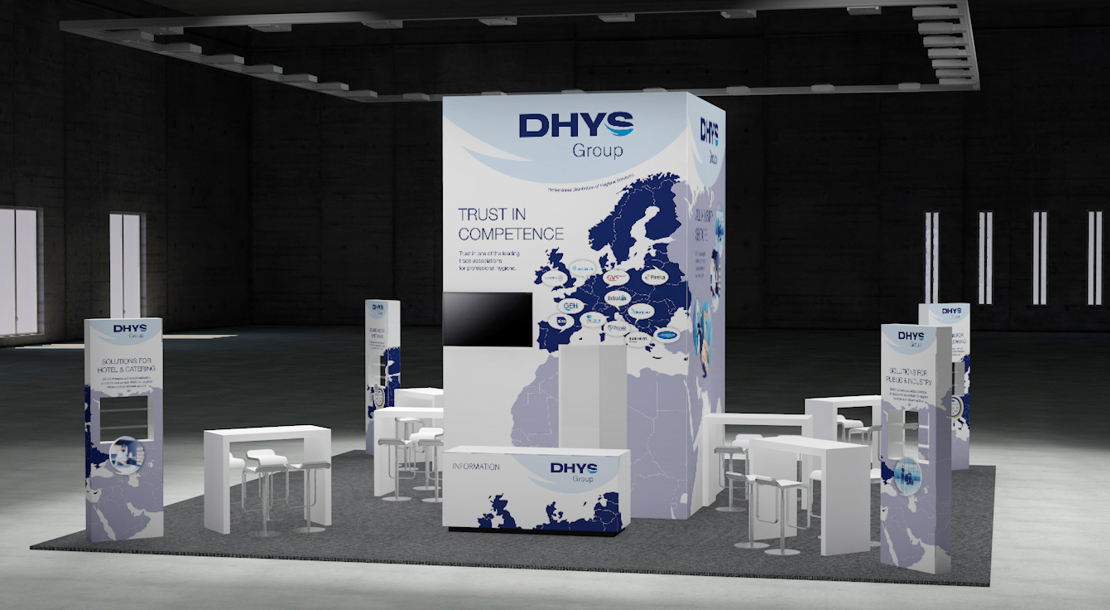 3D-Rendering des Messetandes der DHYS Group auf der Interclean 2022 in Amsterdam